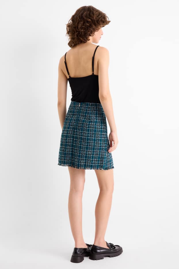 Damen - Bouclé-Minirock - kariert - dunkelgrün