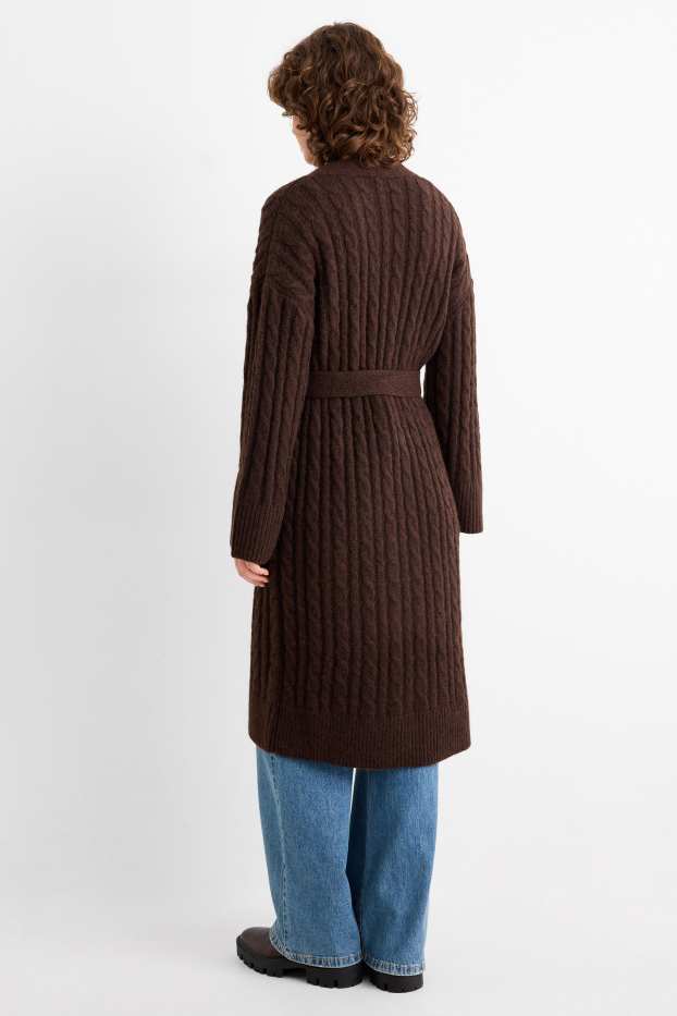 Dámské - Pletený kardigan - s copánkovým vzorem - tmavohnědá
