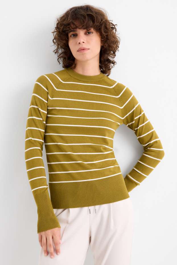 Femei - Pulover din tricot fin - cu dungi - galben muștar