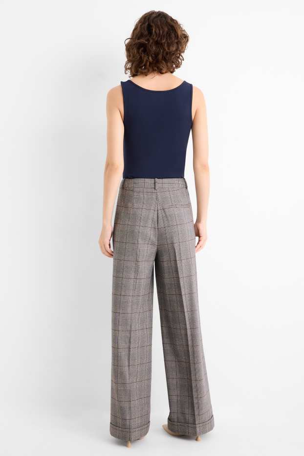 Femei - Pantaloni office - talie înaltă - relaxed fit - în carouri - gri