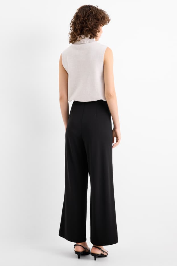 Women - Jersey trousers - high waist - wide leg - black