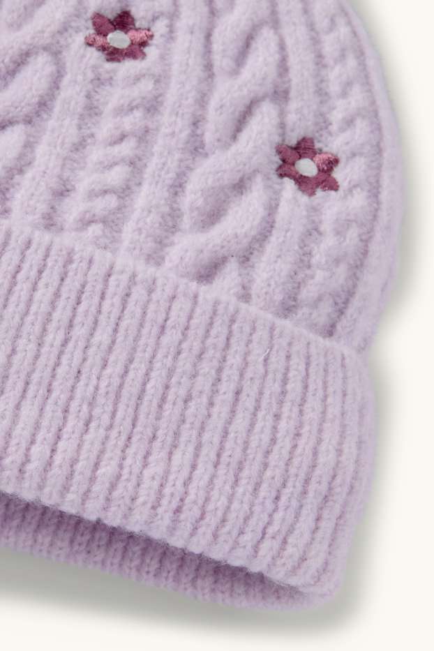 Copii - Fete - Flori - căciulă cu ciucure - cu torsade - violet deschis