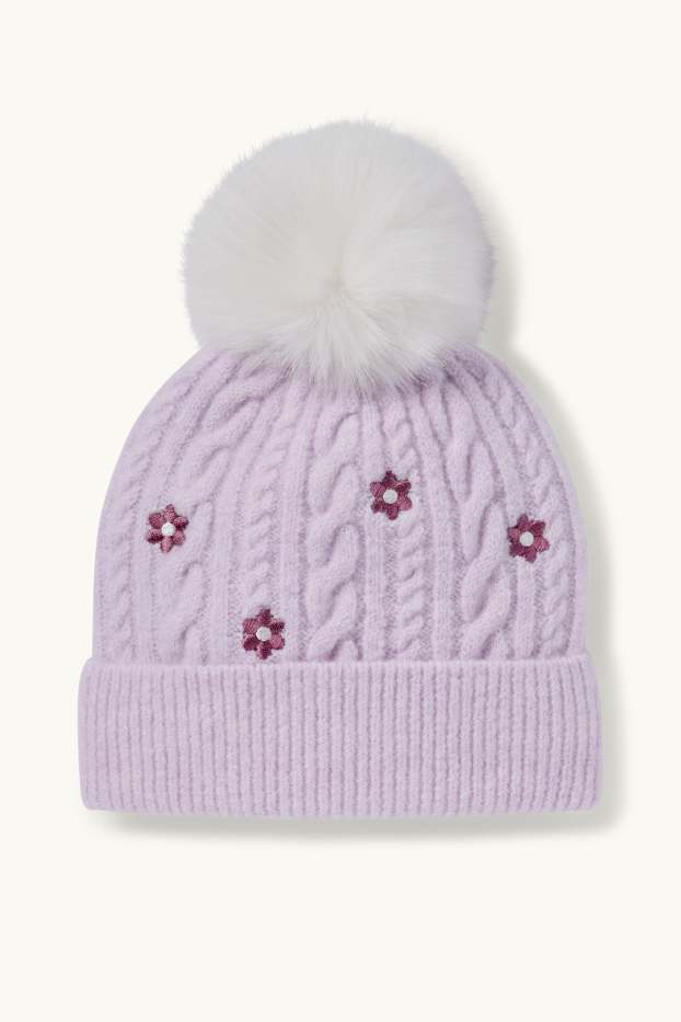 Copii - Fete - Flori - căciulă cu ciucure - cu torsade - violet deschis