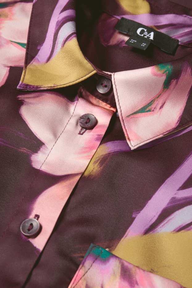 Donna - Blusa di raso - a fiori - porpora