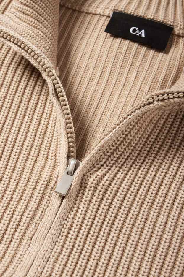 Pánské - Pletený kardigan - žebrovaný - béžová