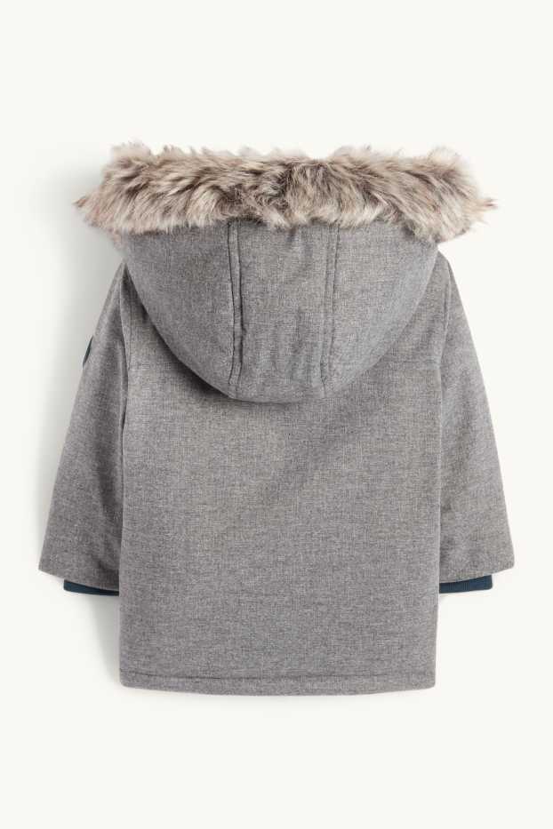 Miminka - chlapci - Motiv lištičky - parka pro miminka s kapucí a lemem z umělé kožešiny - taupe
