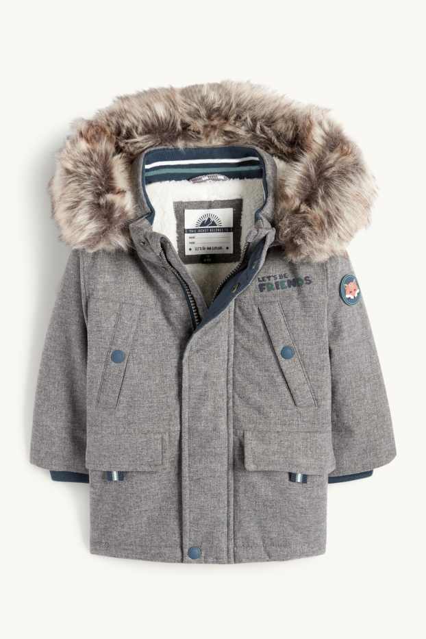 Miminka - chlapci - Motiv lištičky - parka pro miminka s kapucí a lemem z umělé kožešiny - taupe