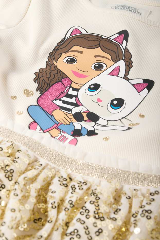 Kinderen: meisjes - Gabby's poppenhuis - jurk - glanseffect - crème wit