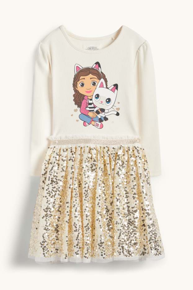 Kinderen: meisjes - Gabby's poppenhuis - jurk - glanseffect - crème wit