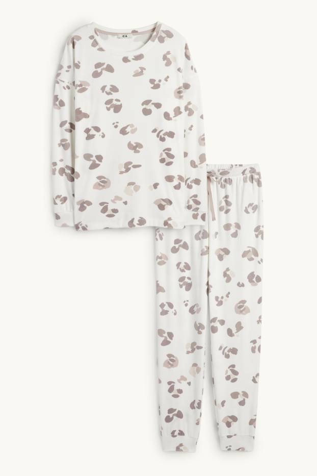 Damen - Winterpyjama - Leo-Print - weiß