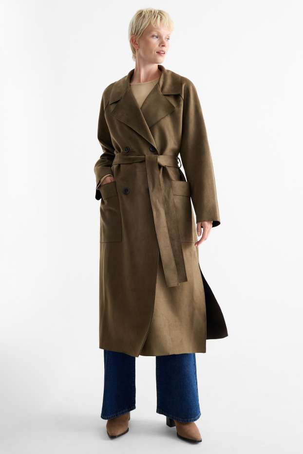 Damen - Trenchcoat - Velourslederimitat - khaki