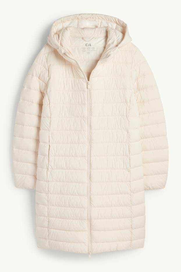 Dámské - Prošívaný kabát s kapucí - krémové barvy