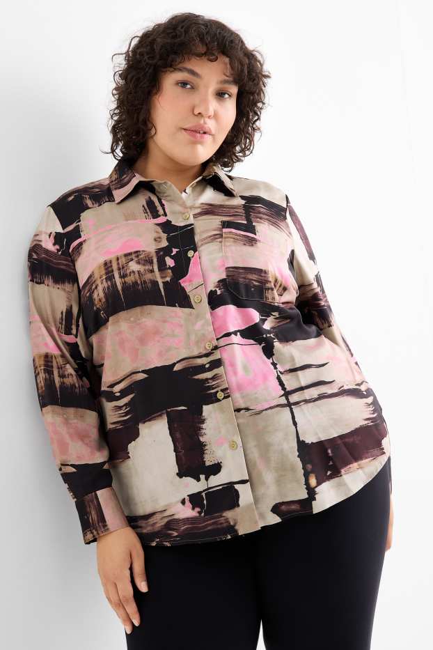 Femmes - Chemisier en satin - à motif - beige / marron