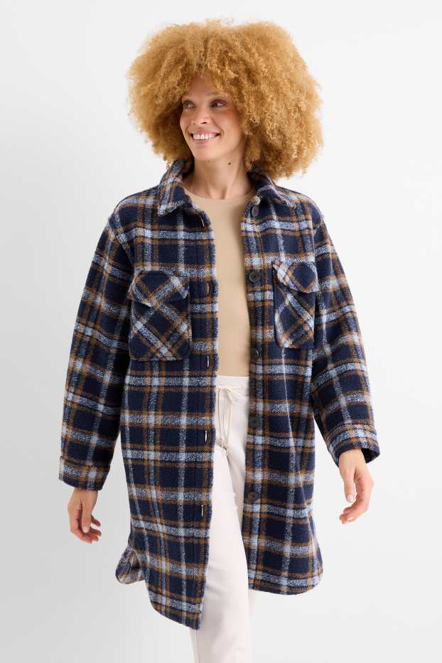 Women - Knitted coat - check - dark blue