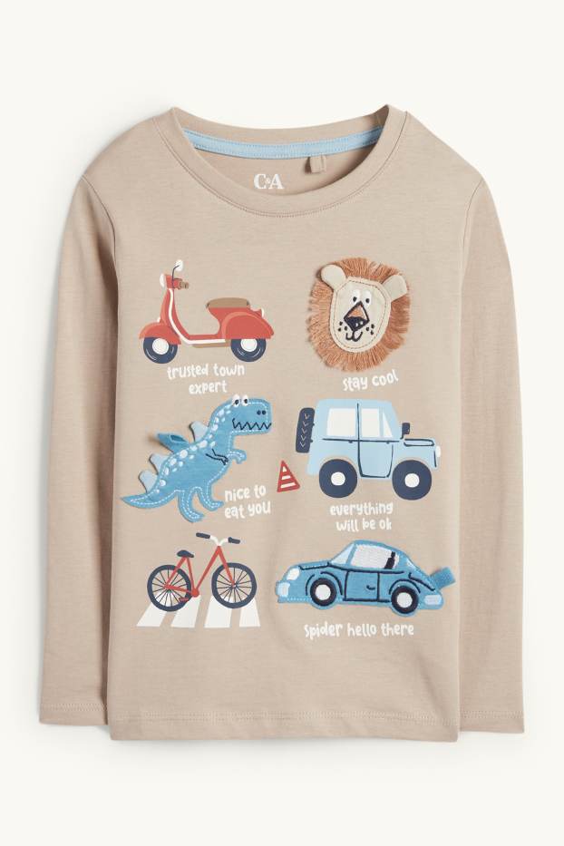 Enfants garçons - Dino, lion et véhicules - haut à manches longues - beige