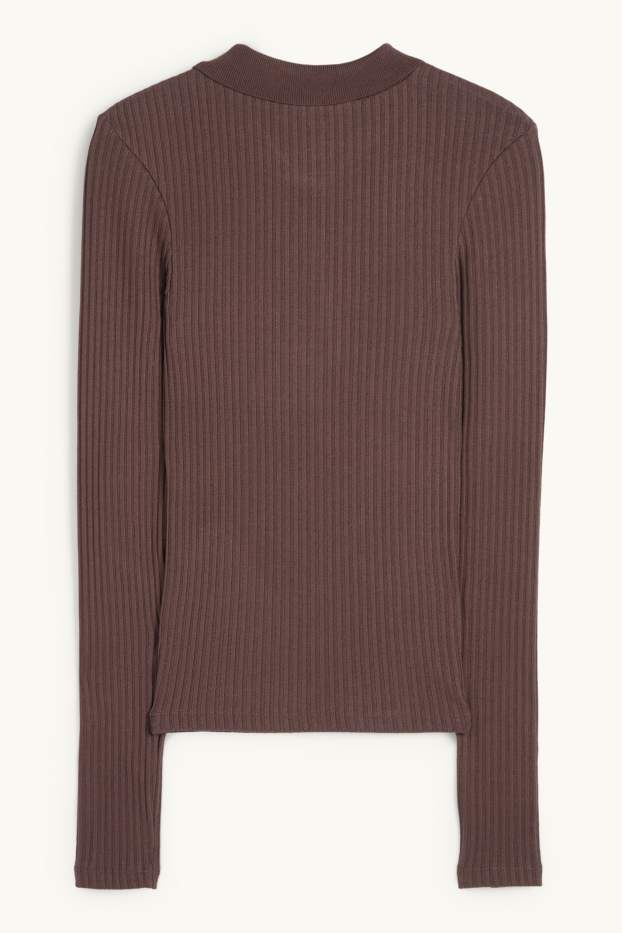 Femmes - Polo - slim fit - finition côtelée - marron foncé