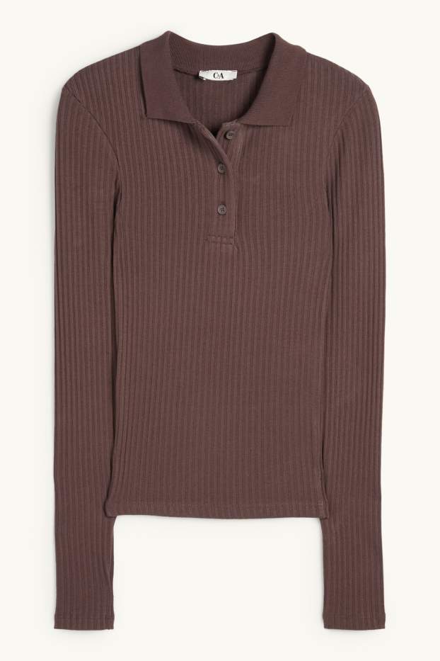 Femmes - Polo - slim fit - finition côtelée - marron foncé