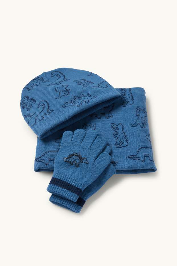 Copii - Băieți - Dinozaur - set - căciulă, fular circular și mănuși - 3 piese - albastru