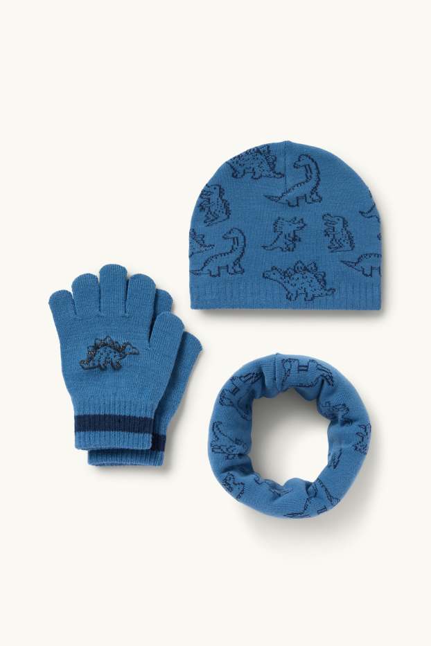 Copii - Băieți - Dinozaur - set - căciulă, fular circular și mănuși - 3 piese - albastru