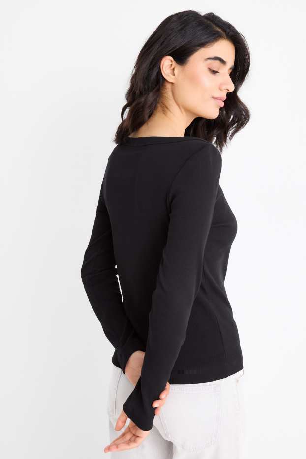 Dámské - Tričko s dlouhým rukávem - slim fit - žebrované - černá
