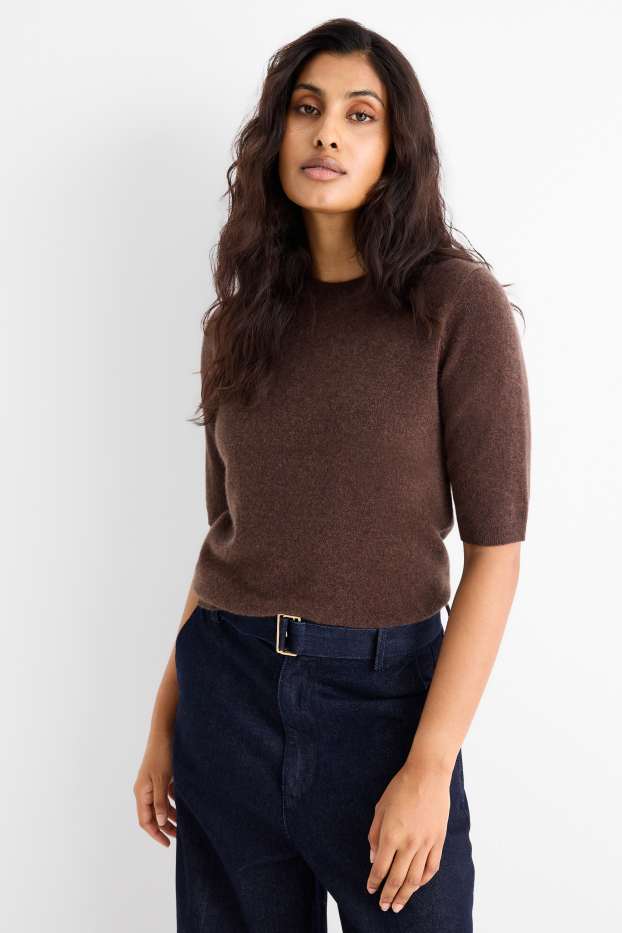 Damen - Kaschmir-Strickpullover - kurzarm - dunkelbraun