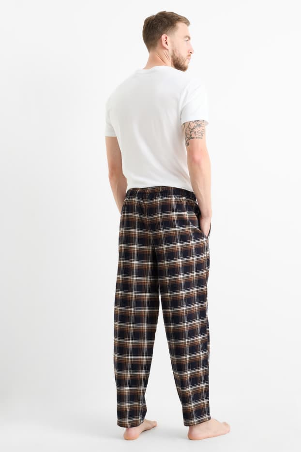 Heren - Flanellen pyjamabroek - geruit - bruin / donkerblauw