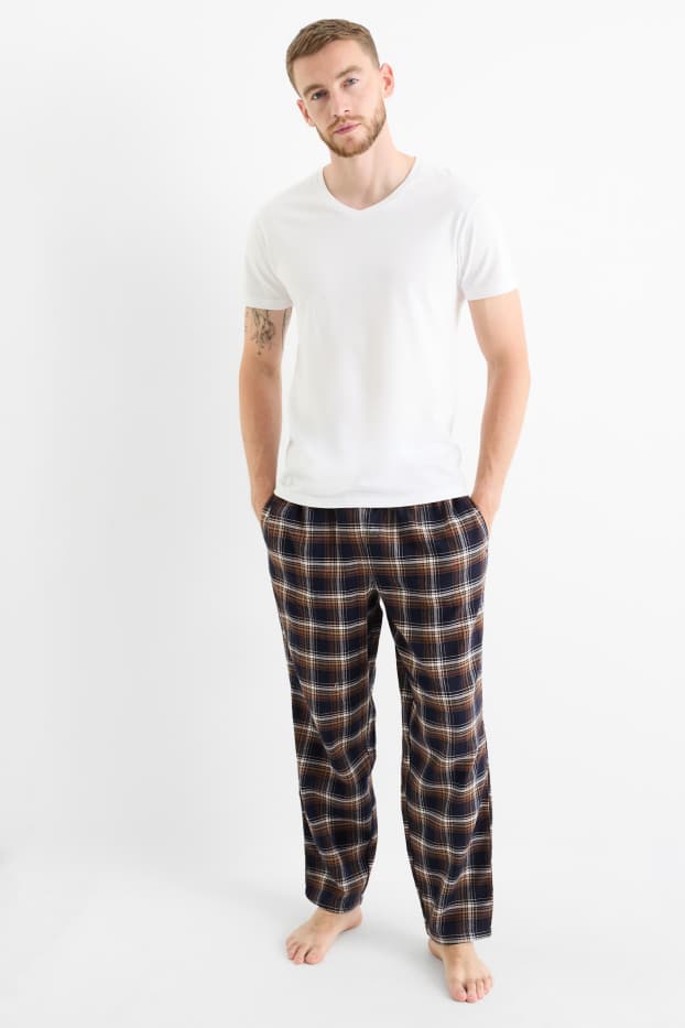 Heren - Flanellen pyjamabroek - geruit - bruin / donkerblauw