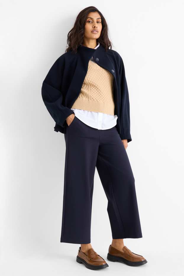 Women - Jersey trousers with belt - high-rise waist - wide leg - dark blue