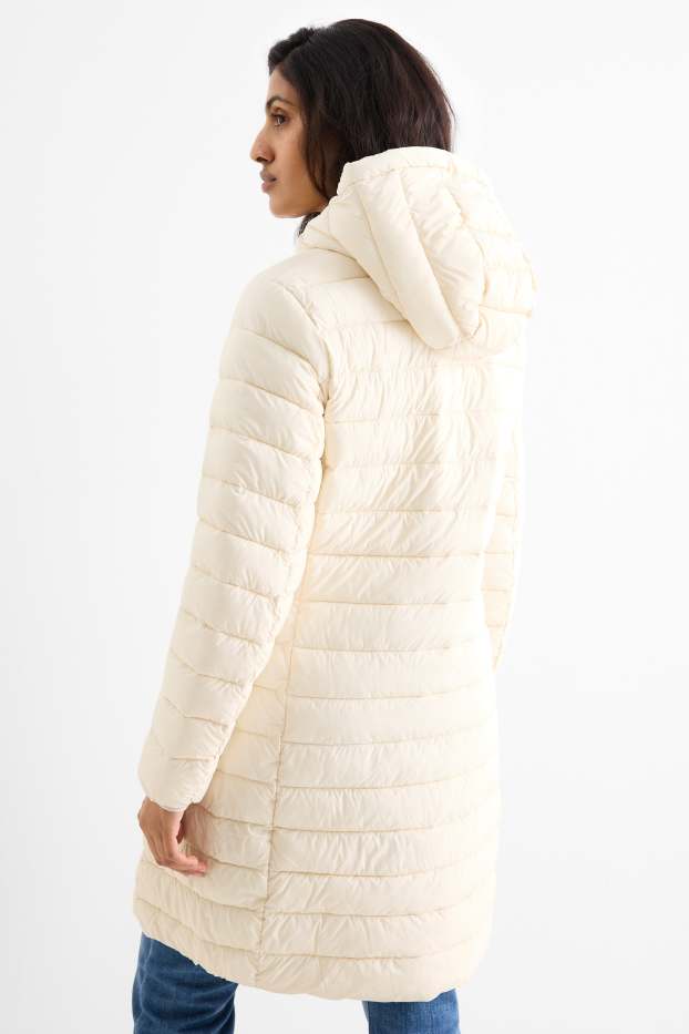 Dámské - Prošívaný kabát s kapucí - krémové barvy