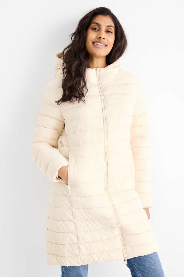 Dámské - Prošívaný kabát s kapucí - krémové barvy