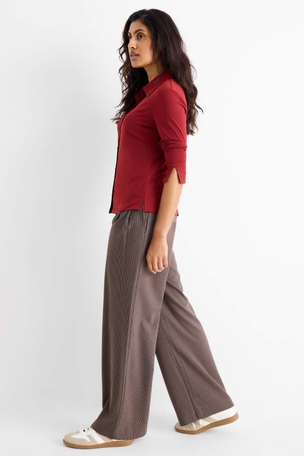 Dames - Pantalon - mid waist - wide leg - geruit - bruin