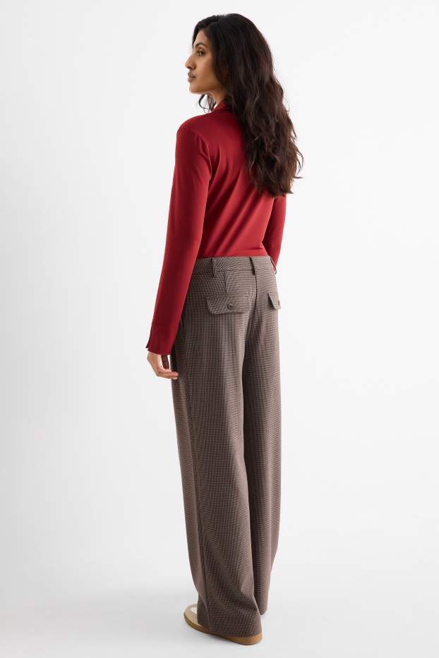 Dames - Pantalon - mid waist - wide leg - geruit - bruin