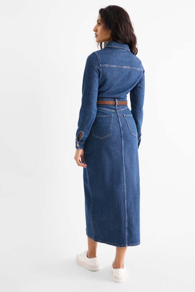 Women - Denim shirt dress with belt - blue denim