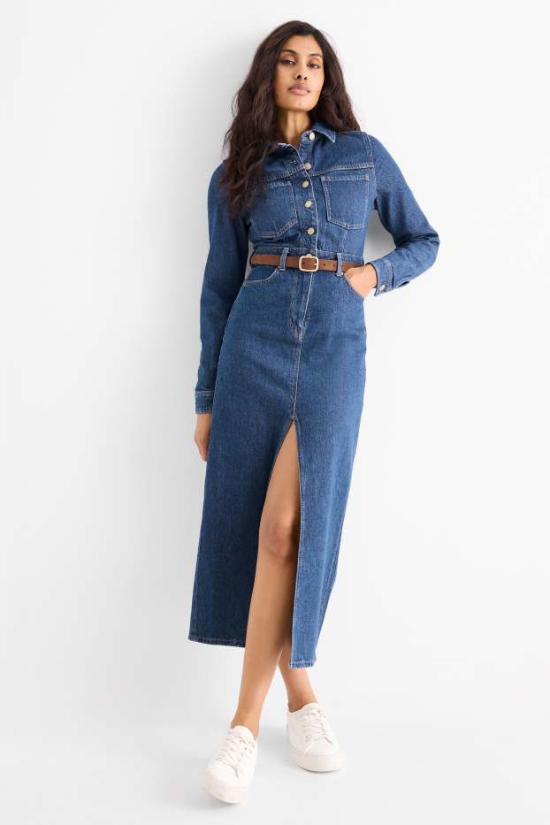 Women - Denim shirt dress with belt - blue denim
