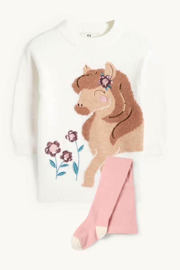 Kinderen: meisjes - Paard - set - gebreide jurk en maillot - 2-delig - wit