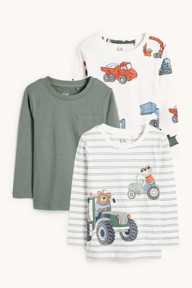 Kinderen: jongens - Set van 3 - beer en bouwplaats - longsleeve - crème wit