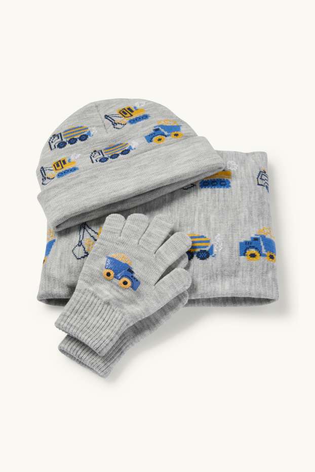 Kinderen: jongens - Bouwplaats - set - muts, colsjaal en handschoenen - licht grijs-mix