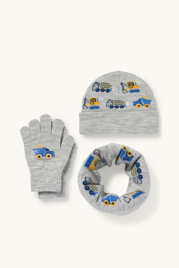Kinderen: jongens - Bouwplaats - set - muts, colsjaal en handschoenen - licht grijs-mix