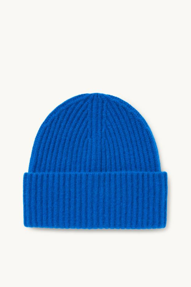 Femmes - Beanie en cachemire - finition côtelée - bleu