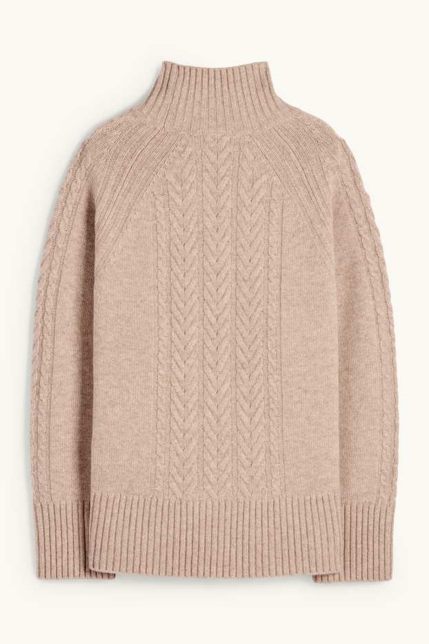 Women - Jumper with cashmere - wool blend - cable knit pattern - beige