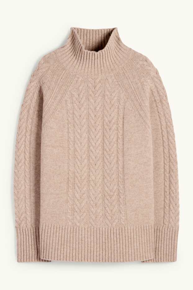 Women - Jumper with cashmere - wool blend - cable knit pattern - beige