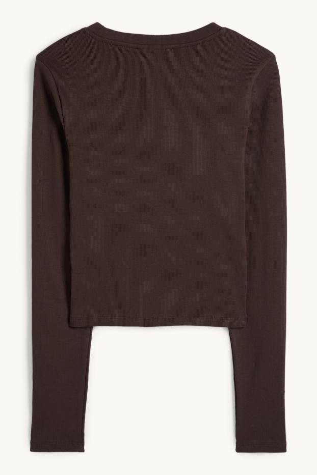 Femmes - Haut court à manches longues - finition côtelée - marron foncé