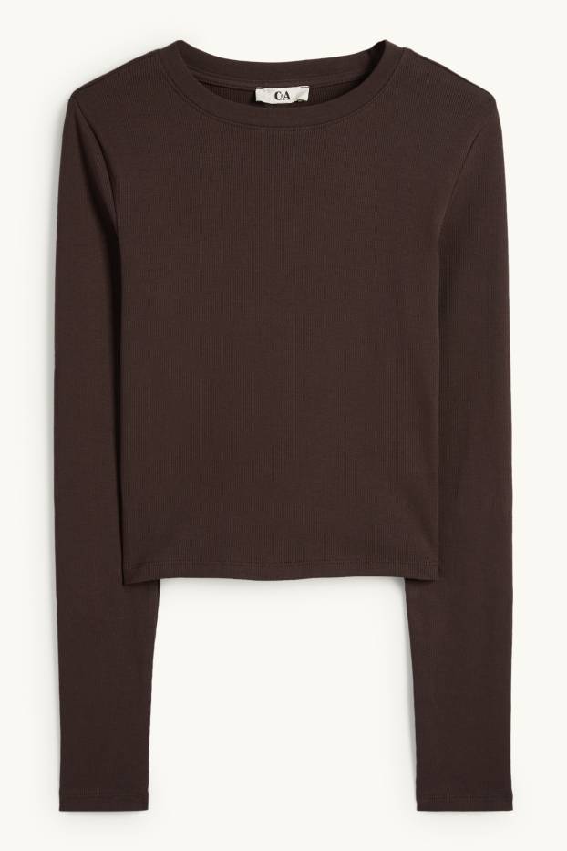 Femmes - Haut court à manches longues - finition côtelée - marron foncé