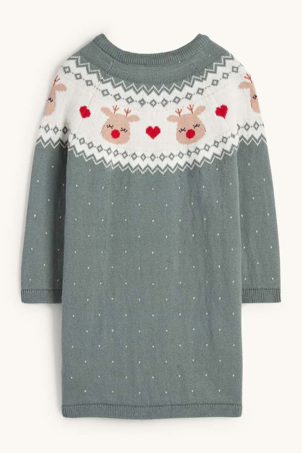 Baby Mädchen - Rentier - Baby-Weihnachts-Strickkleid - dunkelgrün