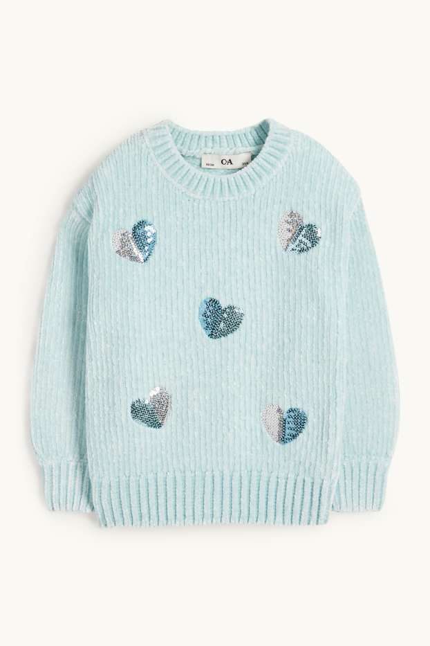 Children Girls - Heart - chenille jumper - shiny - mint green