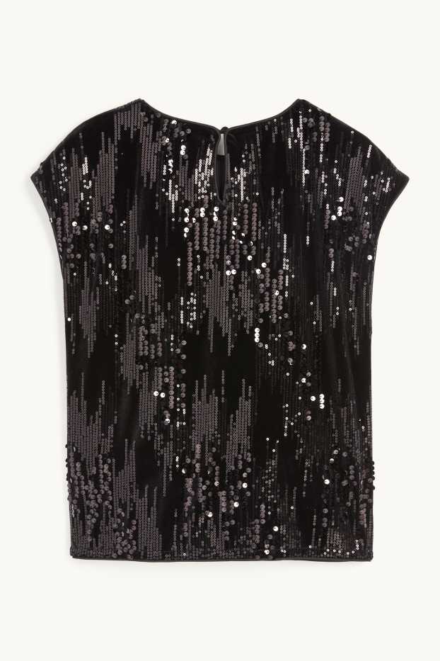 Mujer - Camiseta de terciopelo con lentejuelas - regular fit - negro