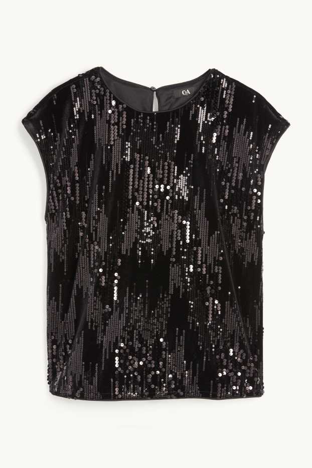 Mujer - Camiseta de terciopelo con lentejuelas - regular fit - negro