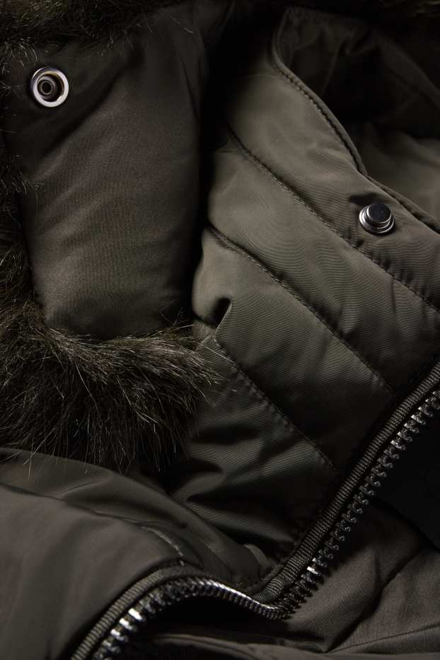 Dona - Abric embuatat amb cinturó, caputxa i rivet de pèl sintètic - verd fosc