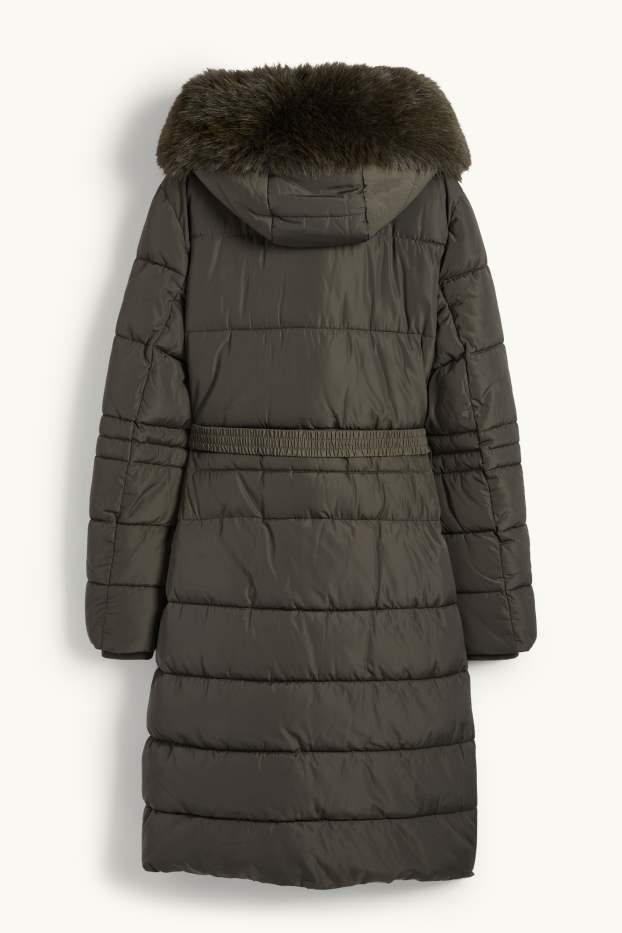 Dona - Abric embuatat amb cinturó, caputxa i rivet de pèl sintètic - verd fosc