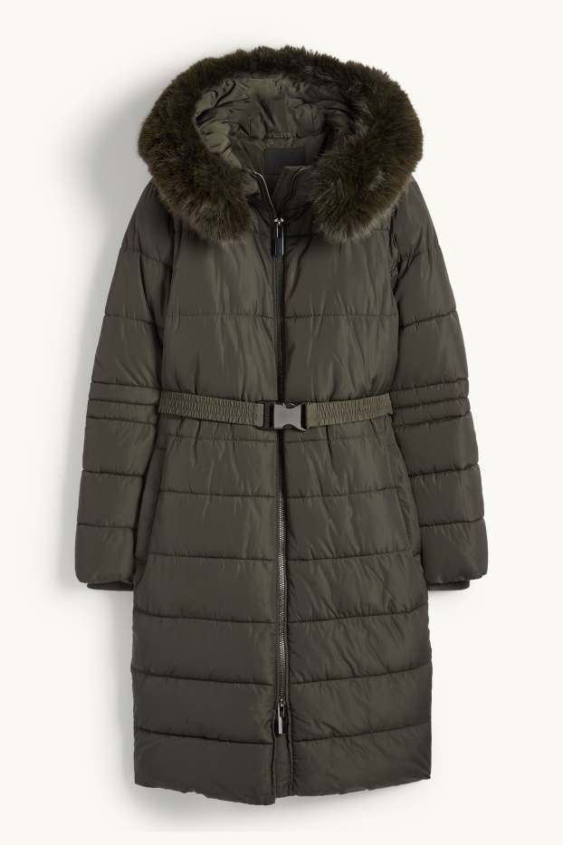 Dona - Abric embuatat amb cinturó, caputxa i rivet de pèl sintètic - verd fosc